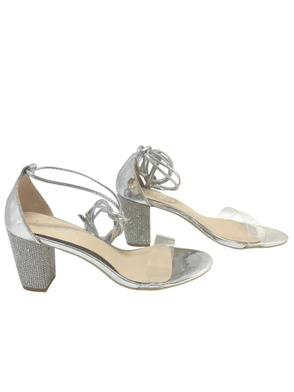 LaLa Ikai Silver Rhinestone Embellished Block Heel Formal Party Sandals Size 37